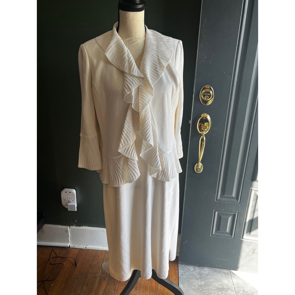 St. John Collection Cream Santana Knit Ruffle Jacket Sheath Dress wool VTG 8/10